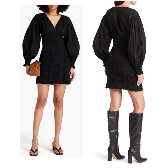 FRAME Denim V neck Smocked Long Sleeve Mini Dress Size Small Black NWT - Picture 1 of 11